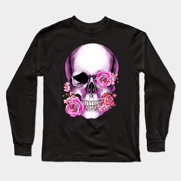 Sugar skull, Skull art floral, pink flowers Long Sleeve T-Shirt by Collagedream